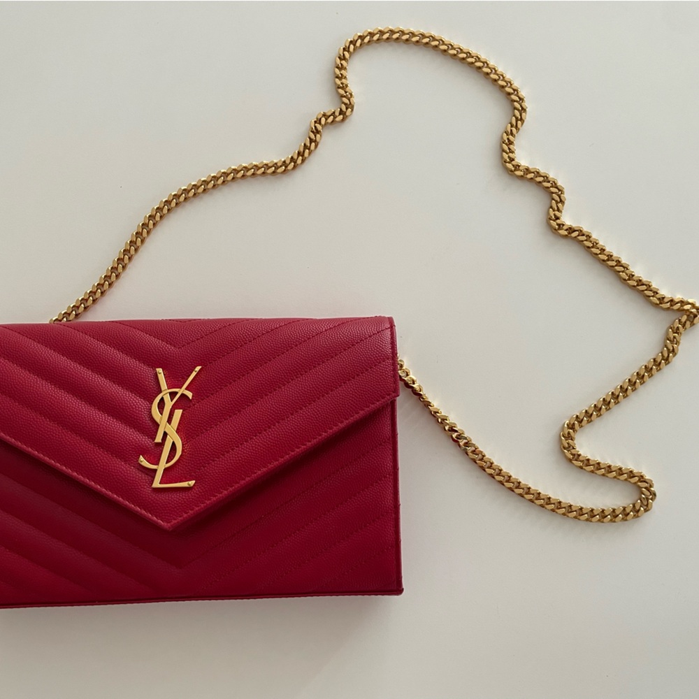 Saint Laurent YSL Red Gold Chain Purse Handbag CASSANDRE MATELASSÉ CHAIN…